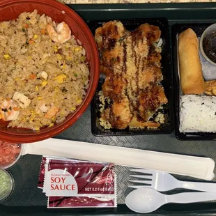 Chicken and Shrimp Fried Rice, Moonlight Special Roll (8), Combo Add On- California Roll (4), Eggroll, Potsticker