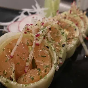 Naruto salmon cucumber wrapped salmon in ponzu