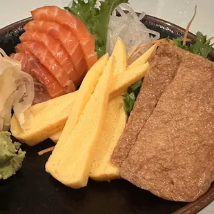 Beautiful and delicious. Salmon, Tamago and Tofu sashimi