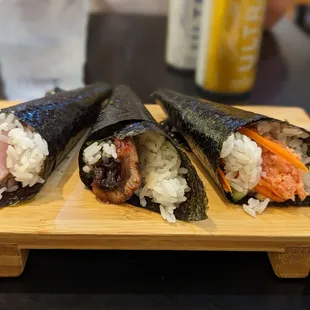 Hamachi, unagi and spicy ahi temaki