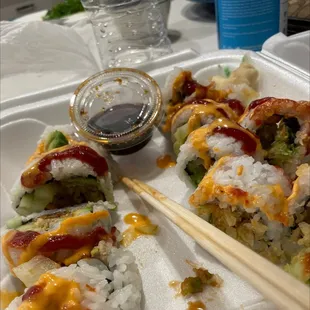 Crunchy roll and spider roll. Disgusting