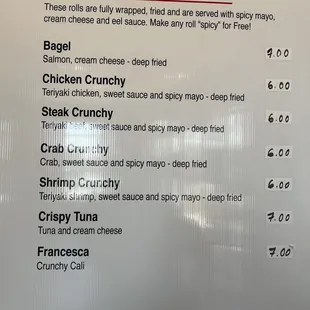 a menu for sushi rolls cooked
