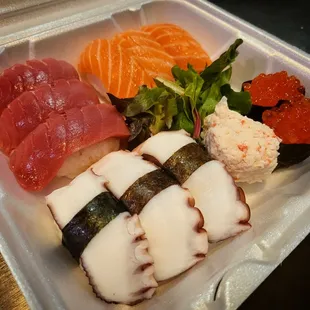 Toro, Salmon belly, Octopus, Salmon Roe Sushi