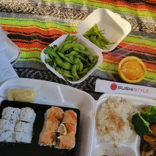 Bento box comes with soup, salad, choice of entrée and sushi roll and side and I added a sunset roll