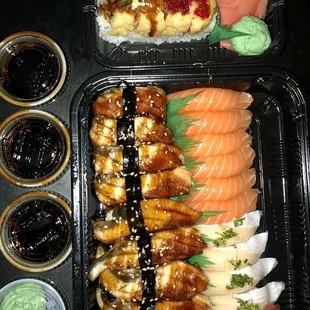 Top: golden dragon roll; Bottom: eel, salmon, yellowtail, and tuna nigiri