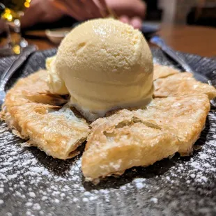 K-Pancake with Ice Cream. $9 Dessert. Melted brown sugar and cinnamon inside the fried sugary pancake.