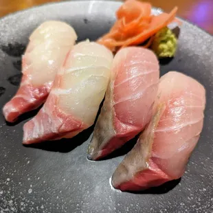 Nigiri sushi. Red Snapper (2 pieces for $9) and Amberjack (2 pieces for $9).