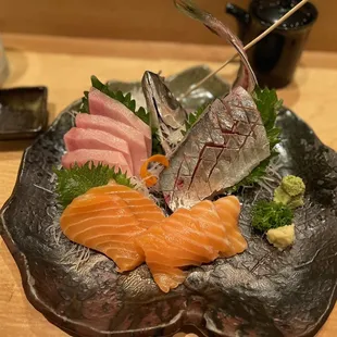 Salmon sashimi, toro sashimi, mackerel sashimi