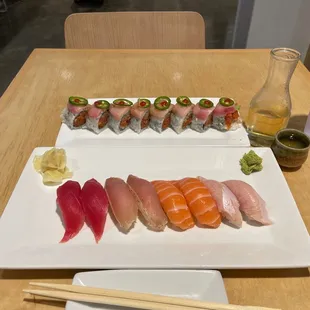 Sexy Lady Roll, nigiri tuna, albacore, salmon, and yellowtail. Yum.