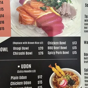 sushi and sashimi, menu