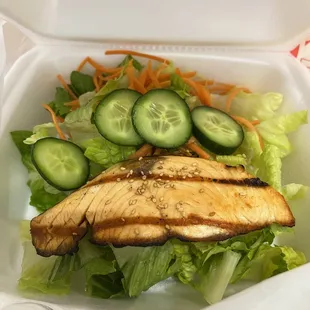 Grilled salmon salad. Over cooked and not much of a meal.