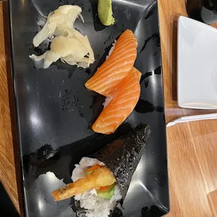 Salmon Nigiri and Shrimp Tempura Hand Roll