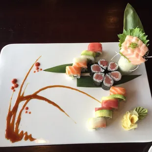 Rainbow Roll, Tuna Roll, and Fatty Tuna Sashimi