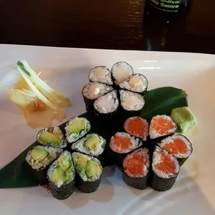 Avocado is the green one, white tuna is the white one, and salmon is the red one.