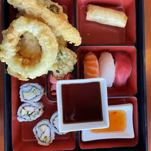 a bento box of food