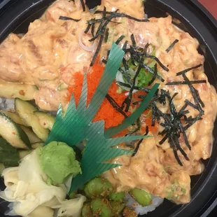 Spicy salmon poke bowl