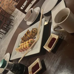 The Mind Roll, Fantasy Roll, Dumpling Soup with a pair of soy sauce dishes and our tea