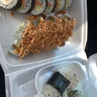Salmon Roll, New York Crunch Roll and 1 Piece Unagi Rice Ball