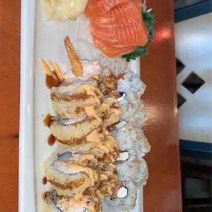 Salmon sashimi, Crunch roll, Philadelphia roll.