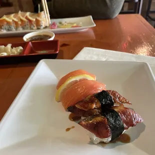 Eel nigiri and salmon nigiri