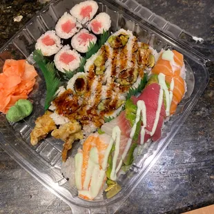 From top left to bottom right: tuna roll, spider roll, rainbow roll