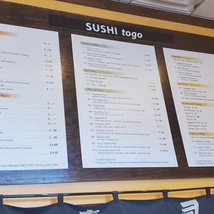 the menu on the wall