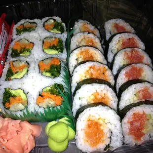 Vegetable, spicy tuna and spicy salmon rolls.