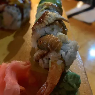 Godzilla - shrimp tempura inside topped with eel, avocado, and cream cheese.