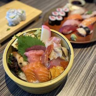 extra special chirashi, and sushi dinner behind