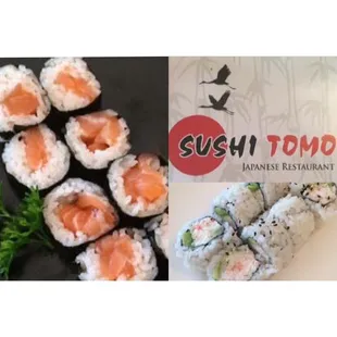 a plate of sushi and a plate of salmon