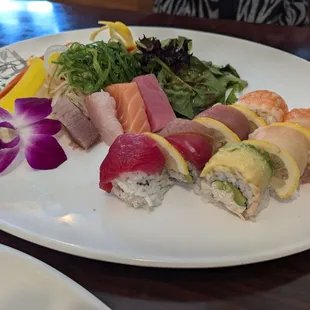 Sashimi and Rainbow Roll with Seaweed Salad and Tamago.