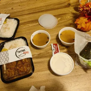 a variety of food items on a table