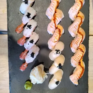 Scallop, Shrimp, Seared Salmon sushi
