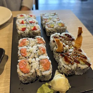 Salmon &amp; Avocado (6pcs), Shrimp Tempura (6pcs), Crunchy Spicy Tuna (6pcs), and Real Crabmeat &amp; Avocado (6pcs)