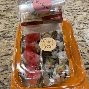 Sushi Totoro to go! Red Rock Roll and Spicy Tuna Roll in the cutest packaging!! Includes candy!!