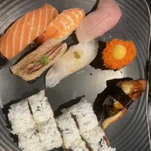 Salmon, seared tuna, yellowtail, red snapper, masago, eel, spicy tuna roll, salmon