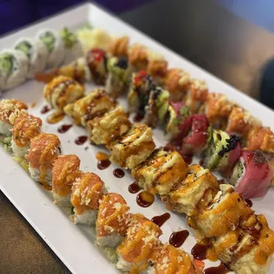 All you can eat sushi: Alaskan roll, Sapporo roll, Volcano roll, Color Dragon roll, 2-in-1 roll