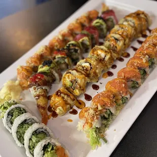 All you can eat sushi: Alaskan roll, Sapporo roll, Volcano roll, Color Dragon roll, 2-in-1 roll