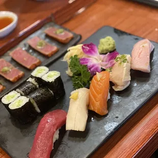 (12/5/24) sushi appetizer.  Behind: peppered tuna with Fresh wasabi.
