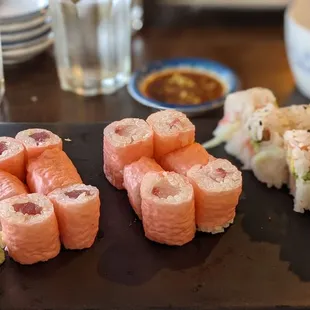 Maki combo- Cali roll, tuna roll, yellowtail scallion roll