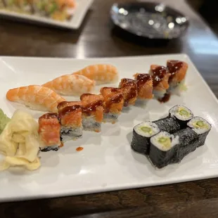 Asparagus Roll ($3.96), Spicy Girl ($10.95, and Ebi Sushi ($3.50)