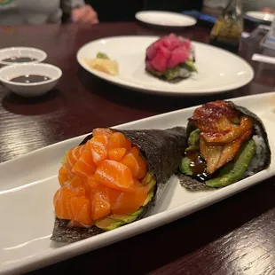 salmon, eel and tuna handrolls