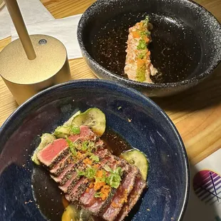 Tuna Tataki and salmon Crudo