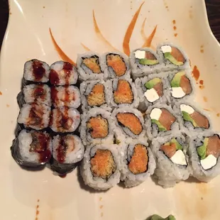 Eel, spicy salmon &amp; Philadelphia roll.