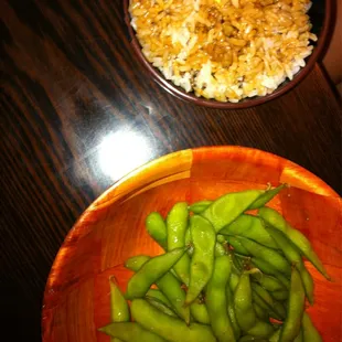 Steamed rice (with soy sauce added) &amp; edamame for my food allergy sweetie.