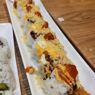 a long row of sushi rolls