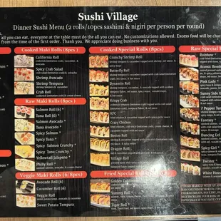 AYCE dinner sushi menu