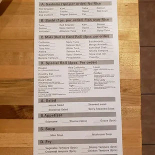 All you can eat menu as of 4/14/21