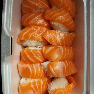 the inside of a container of sushi