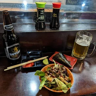 Eel and Spicy Tuna Hand Roll and Salmon Skin Salad